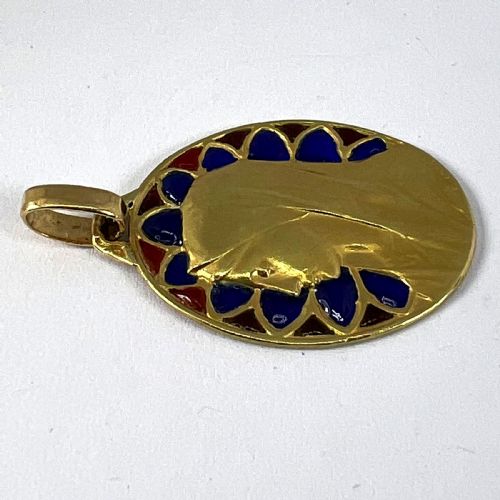 FRENCH DROPSY VIRGIN MARY PLIQUE A JOUR ENAMEL 18K YELLOW GOLD PENDANT MEDAL - ADDITIONAL PHOTO 17