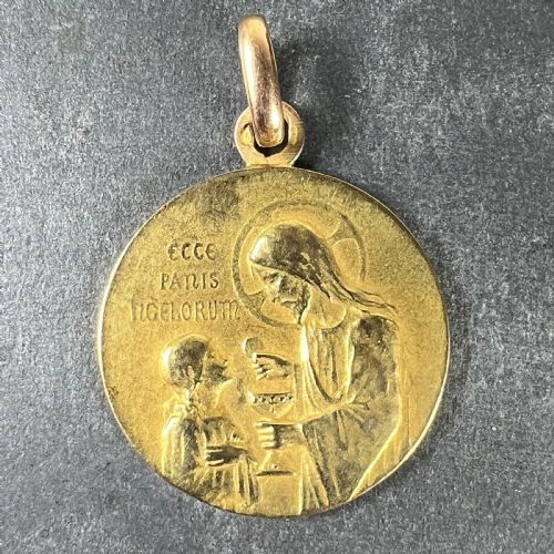 FRENCH RELIGIOUS JESUS CHRIST HOLY COMMUNION 18K YELLOW GOLD MEDAL PENDANT - ADDITIONAL PHOTO 1