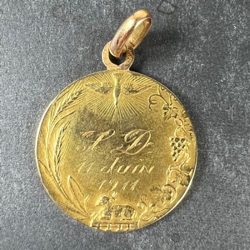 FRENCH RELIGIOUS JESUS CHRIST HOLY COMMUNION 18K YELLOW GOLD MEDAL PENDANT - ADDITIONAL PHOTO 2