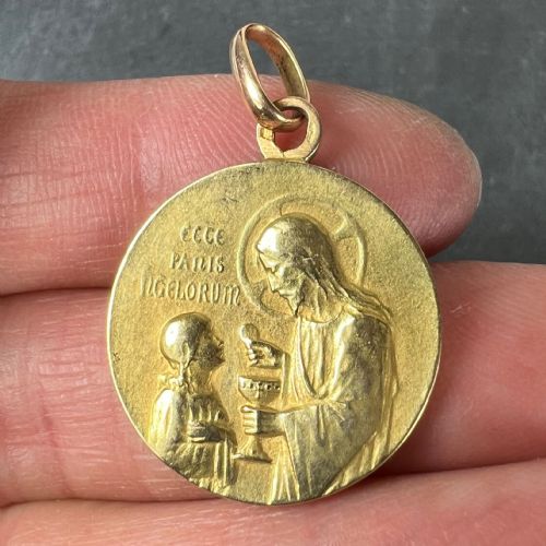 FRENCH RELIGIOUS JESUS CHRIST HOLY COMMUNION 18K YELLOW GOLD MEDAL PENDANT - ADDITIONAL PHOTO 4
