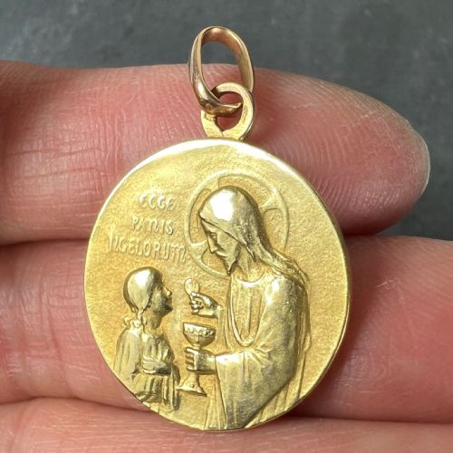 FRENCH RELIGIOUS JESUS CHRIST HOLY COMMUNION 18K YELLOW GOLD MEDAL PENDANT - ADDITIONAL PHOTO 5