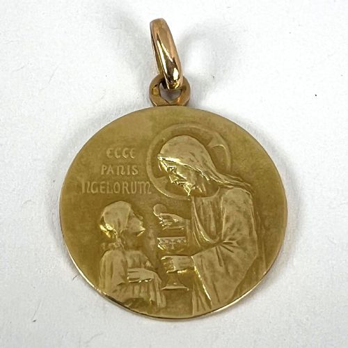 FRENCH RELIGIOUS JESUS CHRIST HOLY COMMUNION 18K YELLOW GOLD MEDAL PENDANT - ADDITIONAL PHOTO 12