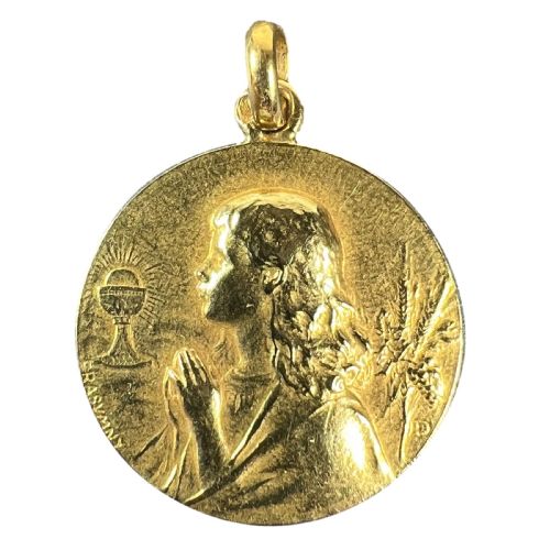 FRENCH 18K YELLOW GOLD RASUMNY FIRST COMMUNION WINE AND WHEAT HARVEST MEDAL PENDANT