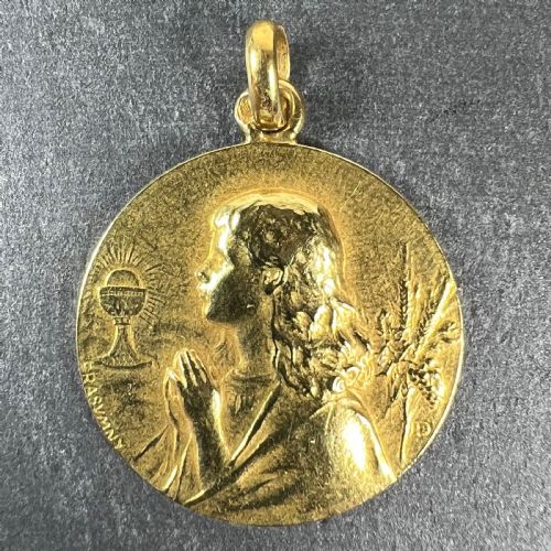 FRENCH 18K YELLOW GOLD RASUMNY FIRST COMMUNION WINE AND WHEAT HARVEST MEDAL PENDANT - ADDITIONAL PHOTO 1