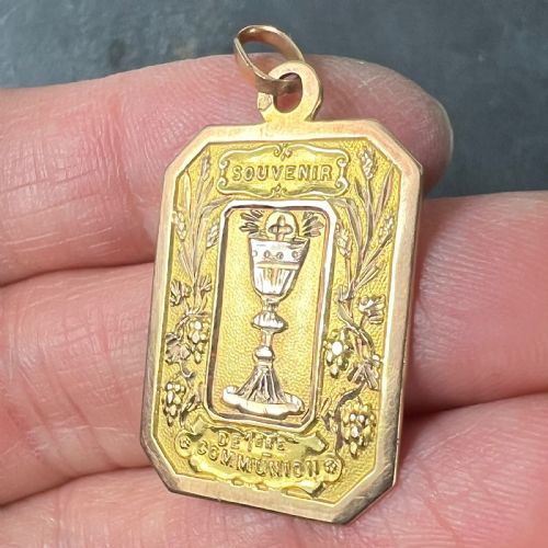 FRENCH FIRST COMMUNION 18K YELLOW ROSE GOLD MEDAL CHARM PENDANT - ADDITIONAL PHOTO 4