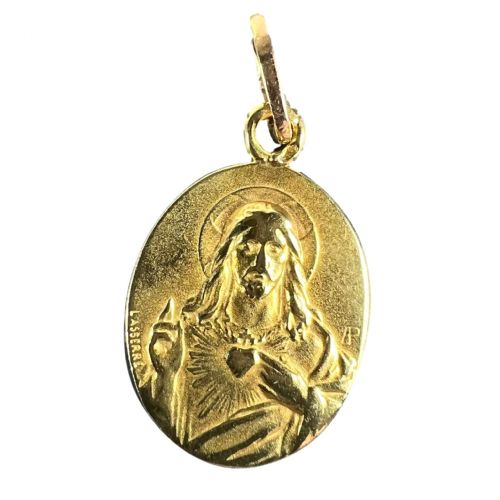 FRENCH LASSERRE ST SCAPULAIRE MADONNA SACRED HEART 18K YELLOW GOLD MEDAL PENDANT