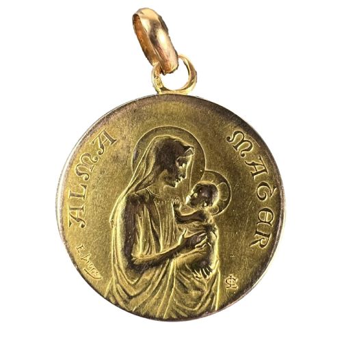 FRENCH DROPSY 18K YELLOW GOLD MADONNA AND CHILD ALMA MATER MEDAL PENDANT