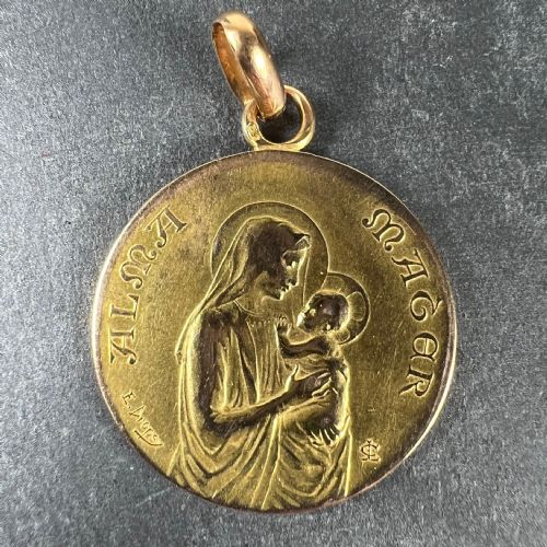 FRENCH DROPSY 18K YELLOW GOLD MADONNA AND CHILD ALMA MATER MEDAL PENDANT - ADDITIONAL PHOTO 1