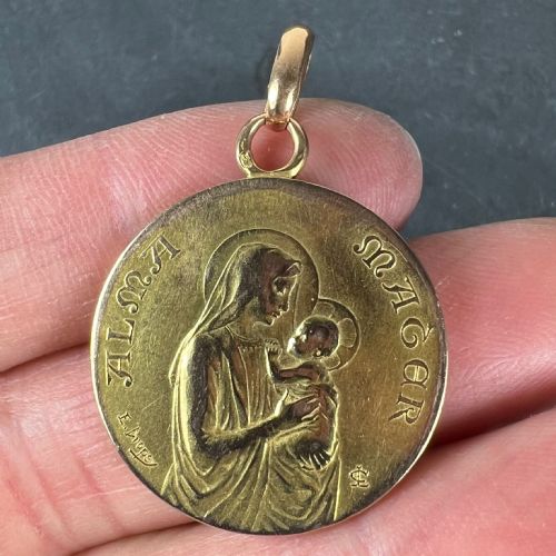 FRENCH DROPSY 18K YELLOW GOLD MADONNA AND CHILD ALMA MATER MEDAL PENDANT - ADDITIONAL PHOTO 6