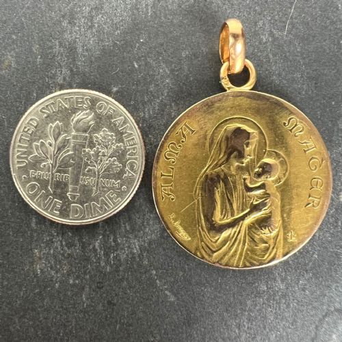 FRENCH DROPSY 18K YELLOW GOLD MADONNA AND CHILD ALMA MATER MEDAL PENDANT - ADDITIONAL PHOTO 12