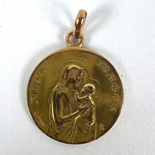 FRENCH DROPSY 18K YELLOW GOLD MADONNA AND CHILD ALMA MATER MEDAL PENDANT - ADDITIONAL PHOTO 13
