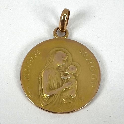 FRENCH DROPSY 18K YELLOW GOLD MADONNA AND CHILD ALMA MATER MEDAL PENDANT - ADDITIONAL PHOTO 14