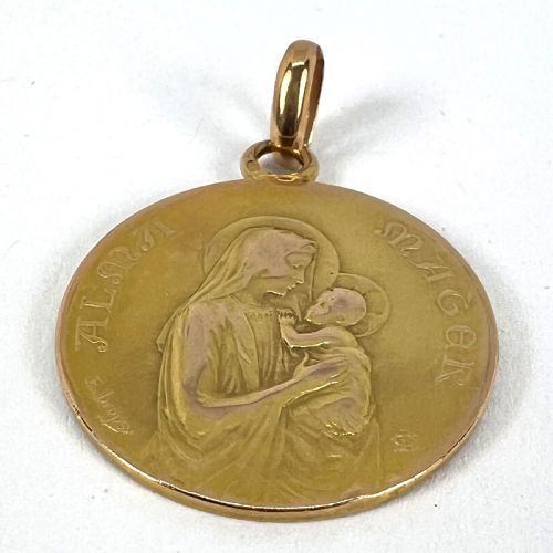 FRENCH DROPSY 18K YELLOW GOLD MADONNA AND CHILD ALMA MATER MEDAL PENDANT - ADDITIONAL PHOTO 15