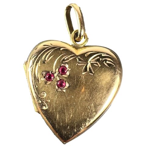 FRENCH 18K YELLOW GOLD RED RUBY HEART LOCKET FLOWER CHARM PENDANT