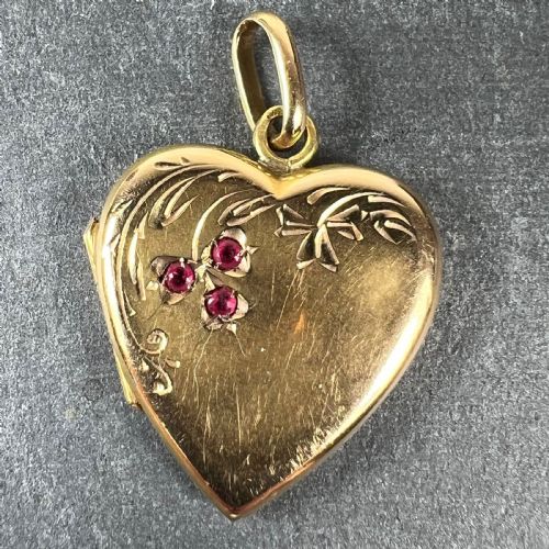 FRENCH 18K YELLOW GOLD RED RUBY HEART LOCKET FLOWER CHARM PENDANT - ADDITIONAL PHOTO 1