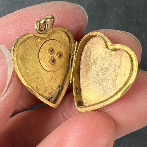 FRENCH 18K YELLOW GOLD RED RUBY HEART LOCKET FLOWER CHARM PENDANT - ADDITIONAL PHOTO 8