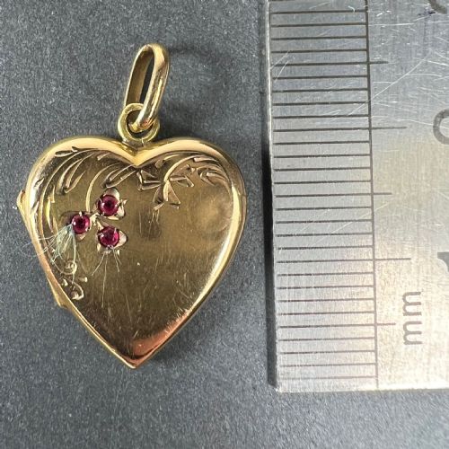 FRENCH 18K YELLOW GOLD RED RUBY HEART LOCKET FLOWER CHARM PENDANT - ADDITIONAL PHOTO 9