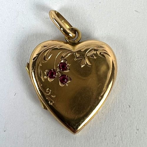 FRENCH 18K YELLOW GOLD RED RUBY HEART LOCKET FLOWER CHARM PENDANT - ADDITIONAL PHOTO 11