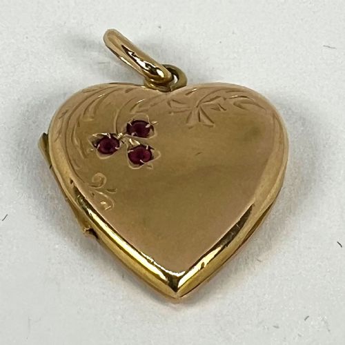 FRENCH 18K YELLOW GOLD RED RUBY HEART LOCKET FLOWER CHARM PENDANT - ADDITIONAL PHOTO 12