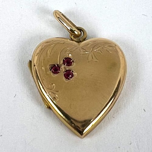 FRENCH 18K YELLOW GOLD RED RUBY HEART LOCKET FLOWER CHARM PENDANT - ADDITIONAL PHOTO 13