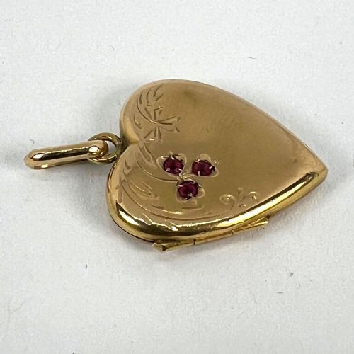 FRENCH 18K YELLOW GOLD RED RUBY HEART LOCKET FLOWER CHARM PENDANT - ADDITIONAL PHOTO 14