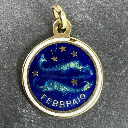 VINTAGE PISCES STARSIGN ZODIAC 18K YELLOW GOLD ENAMEL CHARM MEDAL PENDANT - ADDITIONAL PHOTO 1
