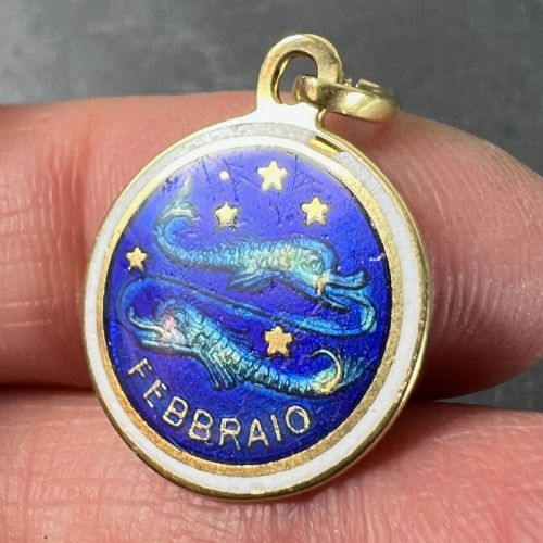 VINTAGE PISCES STARSIGN ZODIAC 18K YELLOW GOLD ENAMEL CHARM MEDAL PENDANT - ADDITIONAL PHOTO 5