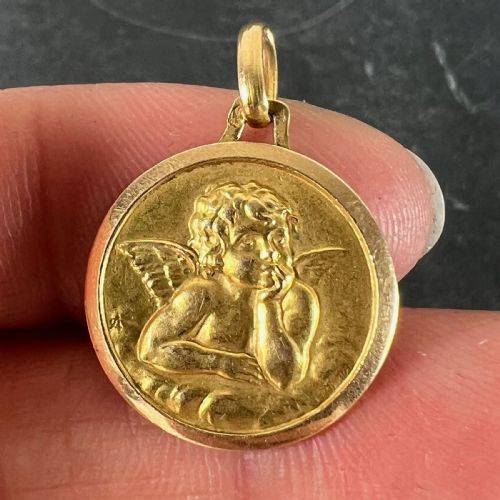VINTAGE FRENCH RAPHAELS CHERUB 18K YELLOW GOLD MEDAL PENDANT - ADDITIONAL PHOTO 4