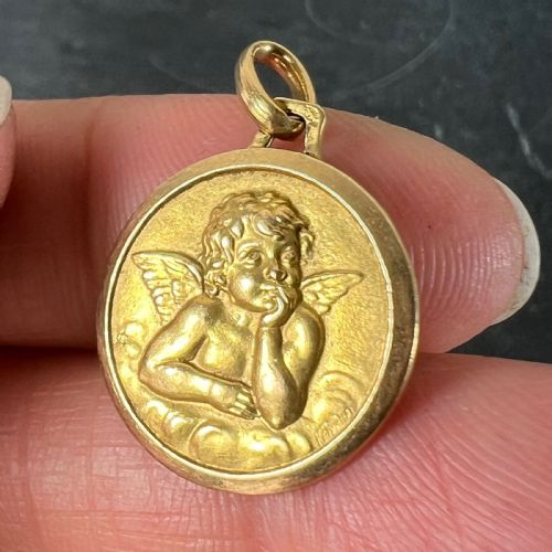 VINTAGE FRENCH RAPHAELS CHERUB 18K YELLOW GOLD MEDAL PENDANT - ADDITIONAL PHOTO 5