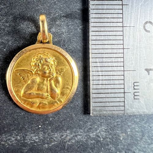 VINTAGE FRENCH RAPHAELS CHERUB 18K YELLOW GOLD MEDAL PENDANT - ADDITIONAL PHOTO 8
