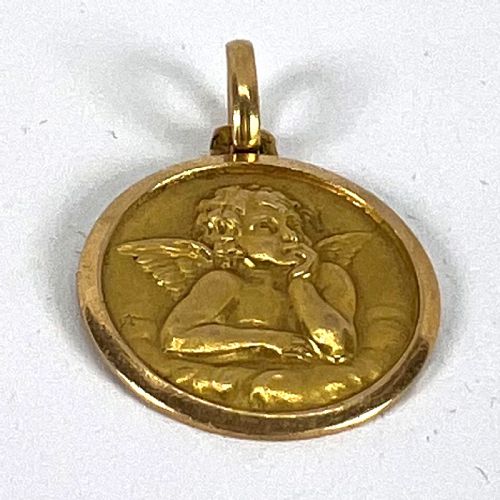 VINTAGE FRENCH RAPHAELS CHERUB 18K YELLOW GOLD MEDAL PENDANT - ADDITIONAL PHOTO 12