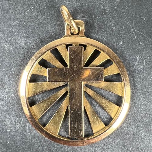 VINTAGE FRENCH 18K YELLOW GOLD CROSS RADIATING SUNBURST MEDAL PENDANT - ADDITIONAL PHOTO 1