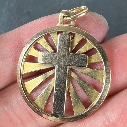 VINTAGE FRENCH 18K YELLOW GOLD CROSS RADIATING SUNBURST MEDAL PENDANT - ADDITIONAL PHOTO 5