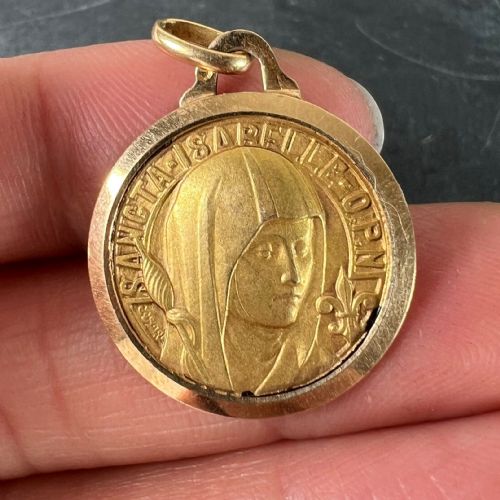 VINTAGE FRENCH SAINT ISABELLE OF FRANCE 18 KARAT YELLOW GOLD MEDAL CHARM PENDANT - ADDITIONAL PHOTO 4
