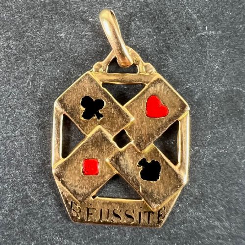 FRENCH 18K YELLOW GOLD ENAMEL REUSSITE ACES GAMBLING CARDS LUCKY CHARM PENDANT - ADDITIONAL PHOTO 1