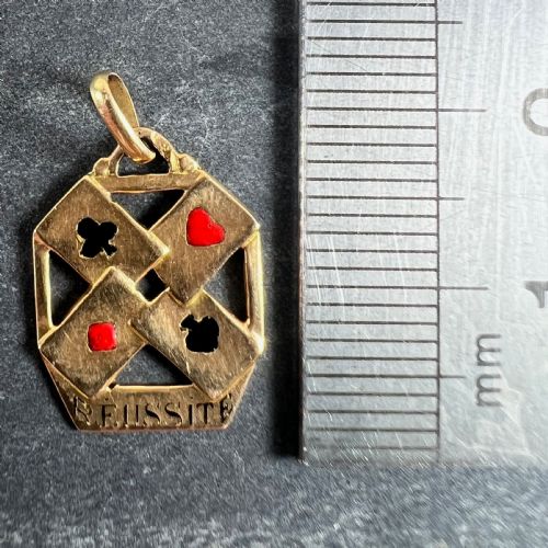 FRENCH 18K YELLOW GOLD ENAMEL REUSSITE ACES GAMBLING CARDS LUCKY CHARM PENDANT - ADDITIONAL PHOTO 8