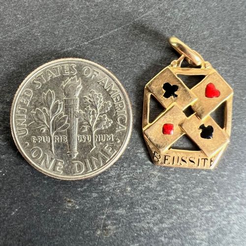 FRENCH 18K YELLOW GOLD ENAMEL REUSSITE ACES GAMBLING CARDS LUCKY CHARM PENDANT - ADDITIONAL PHOTO 9