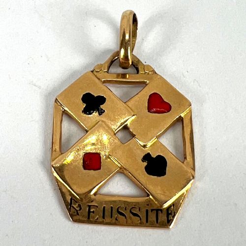 FRENCH 18K YELLOW GOLD ENAMEL REUSSITE ACES GAMBLING CARDS LUCKY CHARM PENDANT - ADDITIONAL PHOTO 10