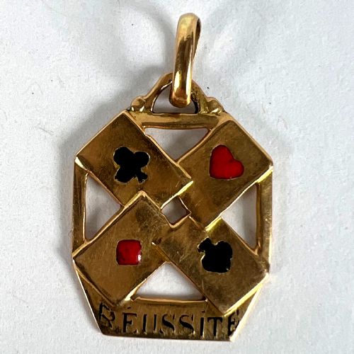FRENCH 18K YELLOW GOLD ENAMEL REUSSITE ACES GAMBLING CARDS LUCKY CHARM PENDANT - ADDITIONAL PHOTO 11