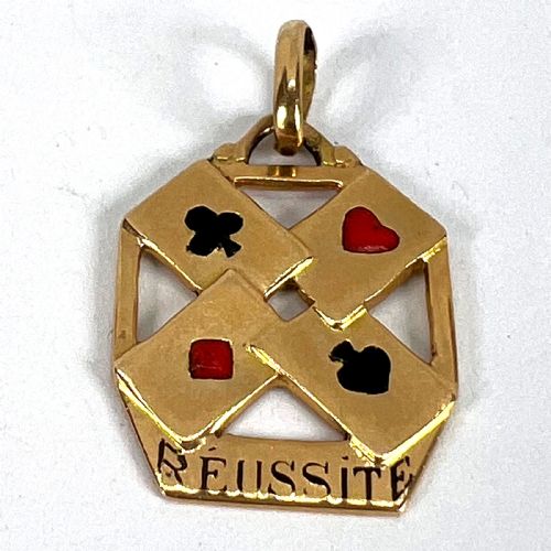 FRENCH 18K YELLOW GOLD ENAMEL REUSSITE ACES GAMBLING CARDS LUCKY CHARM PENDANT - ADDITIONAL PHOTO 12