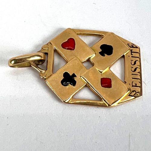 FRENCH 18K YELLOW GOLD ENAMEL REUSSITE ACES GAMBLING CARDS LUCKY CHARM PENDANT - ADDITIONAL PHOTO 13