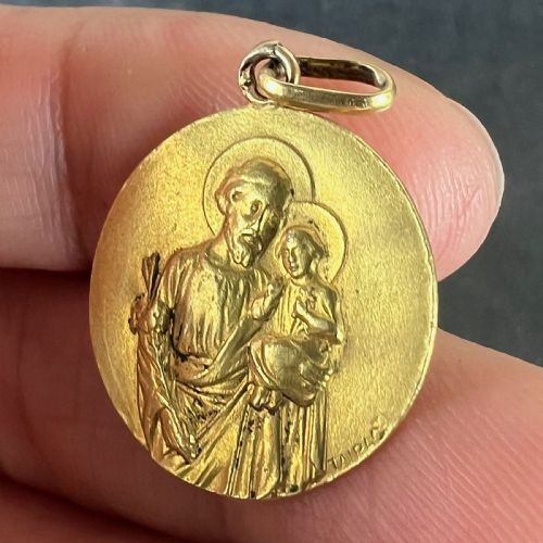 FRENCH TAIRAC SAINT JOSEPH AND JESUS 18K YELLOW GOLD MEDAL PENDANT - ADDITIONAL PHOTO 4