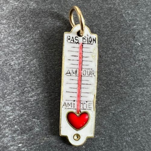 FRENCH ART DECO LOVE THERMOMETER 18K YELLOW GOLD ENAMEL CHARM PENDANT - ADDITIONAL PHOTO 1