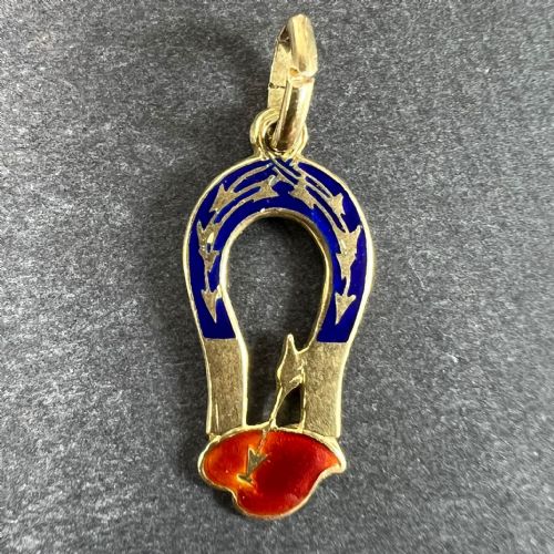 FRENCH ART DECO LOVE MAGNET 18K YELLOW GOLD ENAMEL CHARM PENDANT - ADDITIONAL PHOTO 1