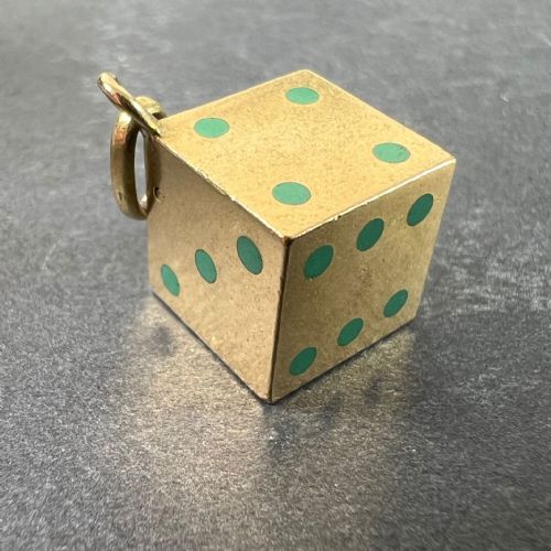 FRENCH ART DECO DIE WITH MINIATURE DICE 18K YELLOW GOLD ENAMEL CHARM PENDANT - ADDITIONAL PHOTO 1