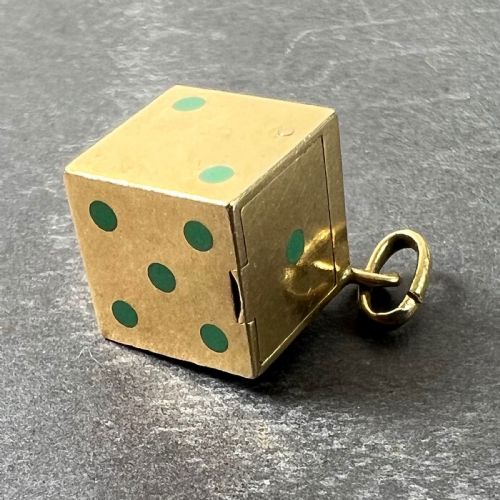 FRENCH ART DECO DIE WITH MINIATURE DICE 18K YELLOW GOLD ENAMEL CHARM PENDANT - ADDITIONAL PHOTO 2