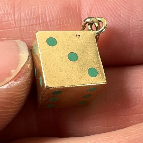 FRENCH ART DECO DIE WITH MINIATURE DICE 18K YELLOW GOLD ENAMEL CHARM PENDANT - ADDITIONAL PHOTO 8
