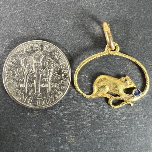 VINTAGE MOUSE BLUE SAPPHIRE 18K YELLOW GOLD CHARM PENDANT - ADDITIONAL PHOTO 9