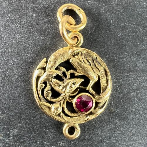 FRENCH ART NOUVEAU GRIFFON CHIMERA 18 KARAT YELLOW GOLD RUBY CHARM PENDANT - ADDITIONAL PHOTO 1