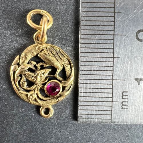 FRENCH ART NOUVEAU GRIFFON CHIMERA 18 KARAT YELLOW GOLD RUBY CHARM PENDANT - ADDITIONAL PHOTO 10